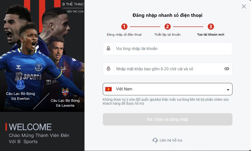 Bổ sung đầy đủ các dữ liệu yêu cầu để hoàn tất đăng ký BSports